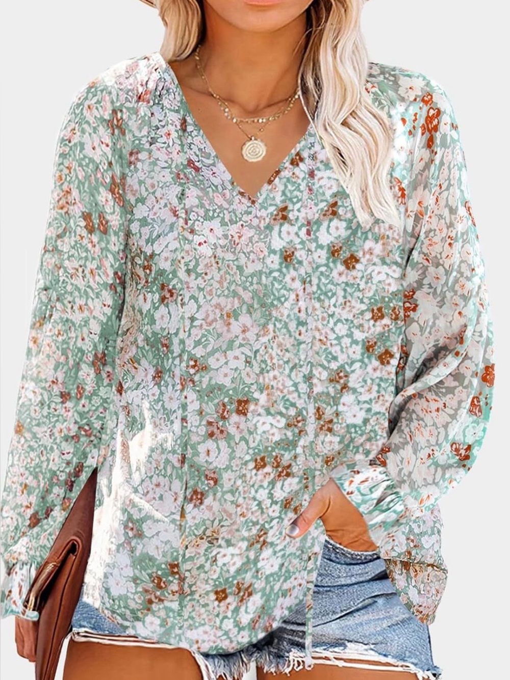 Floral V-Neck Long Sleeve Top - Green